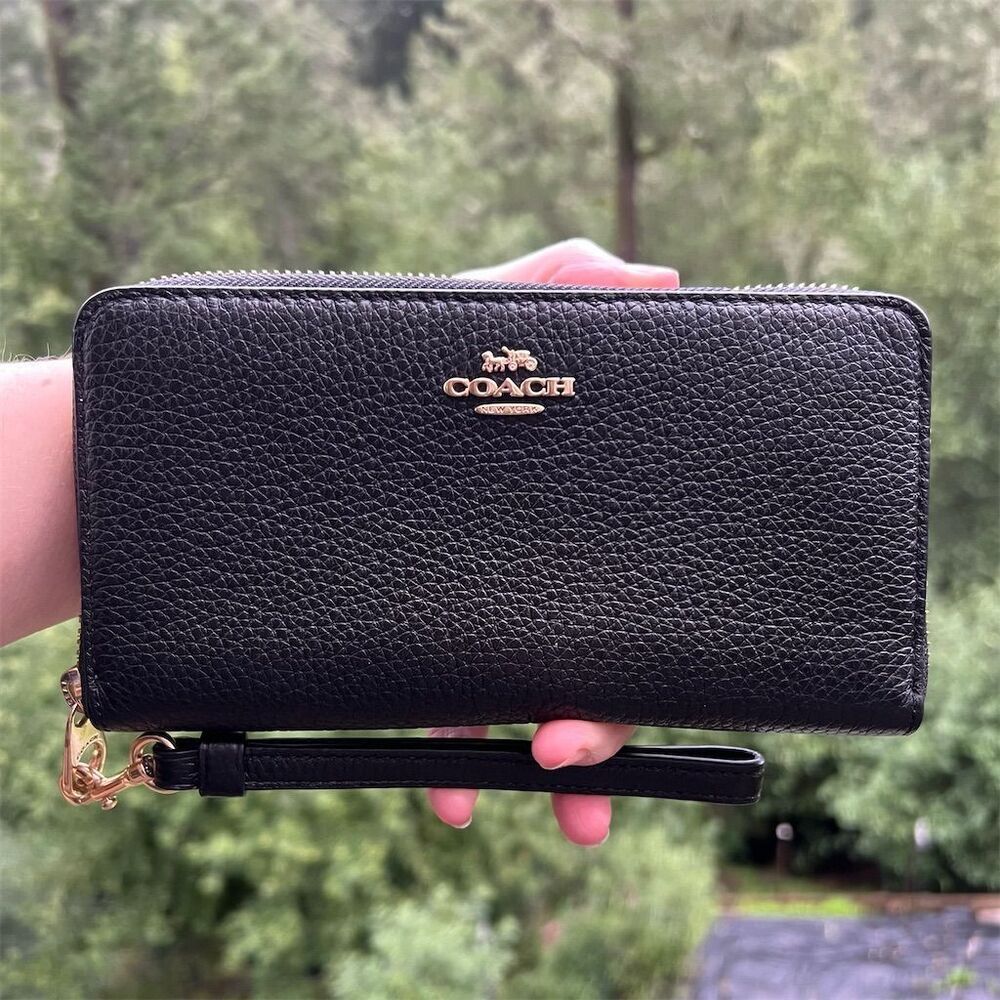 COACH Black Leather Wallet Wristlet with Gold Hardware AUTHENTIC